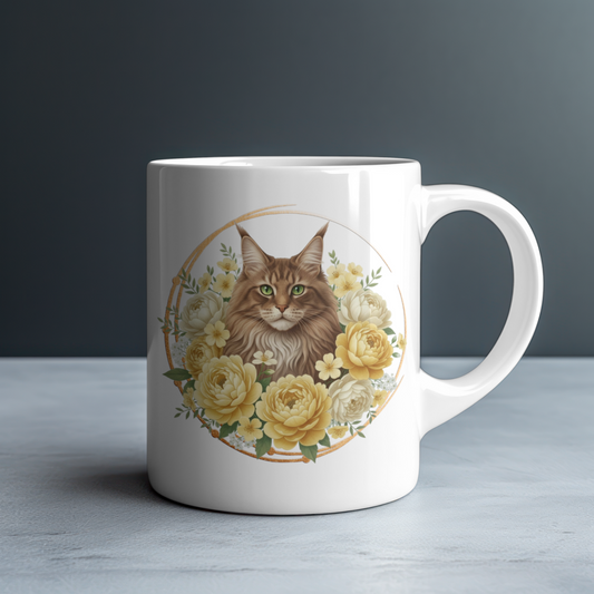 Personalized Brown Maine Coon with Golden and Cream Peonies Mug — Custom Name Gift