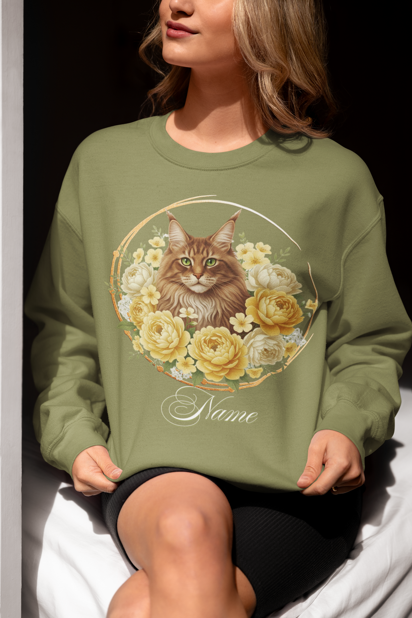 Personalized Brown Maine Coon with Golden and Cream Peonies Sweatshirt — Custom Name Gift