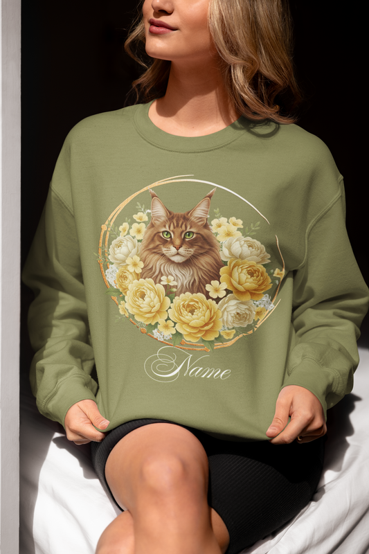 Personalized Brown Maine Coon with Golden and Cream Peonies Sweatshirt — Custom Name Gift