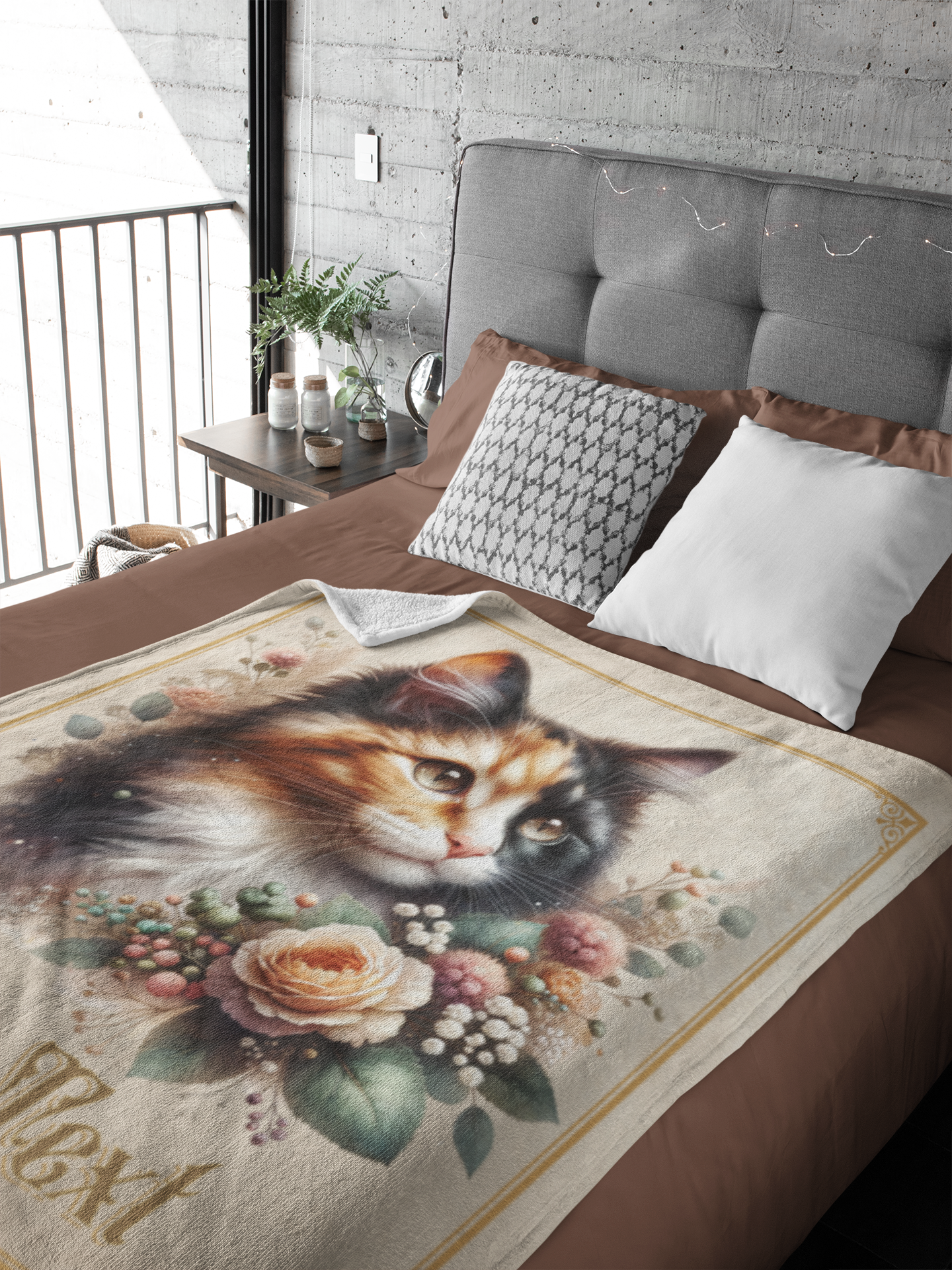 Personalized Fluffy Calico Cat with Peach Rose Bouquet Throw Blanket — Custom Name Gift