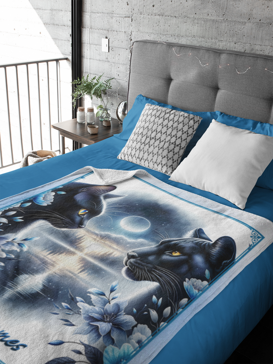 Personalized Black Cat & Panther Sunset Moon Couple Throw Blanket — Custom Name Gift