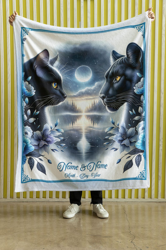 Personalized Black Cat & Panther Sunset Moon Couple Throw Blanket — Custom Name Gift