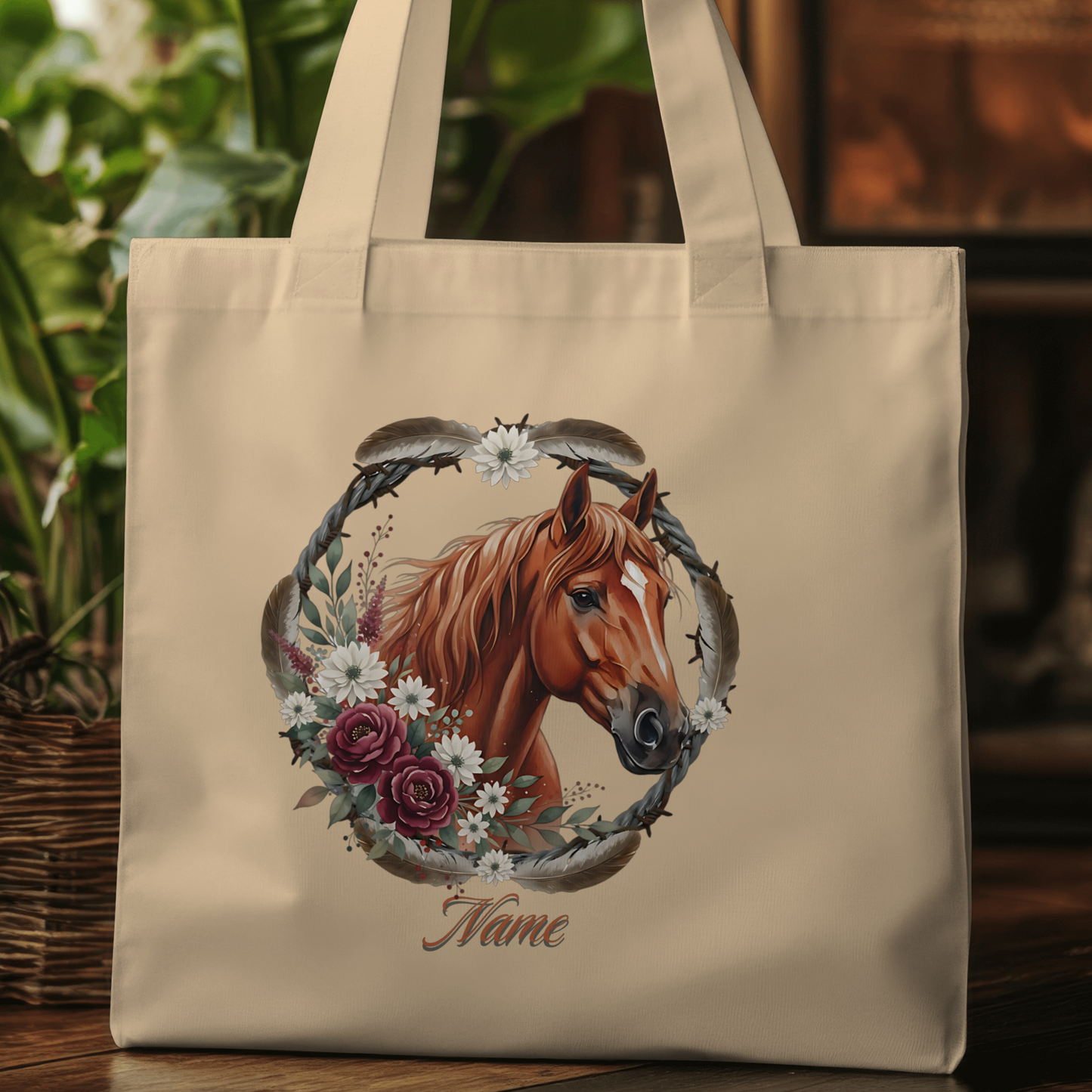 Personalized Chestnut Horse in Rope Wreath Eco Tote Bag