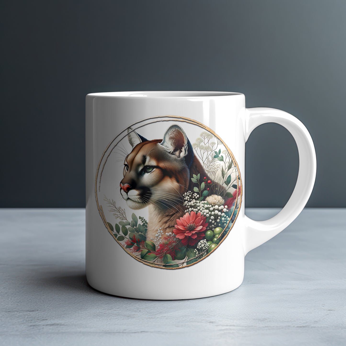 Personalized Cougar with Red Poppies Mug — Custom Name Gift