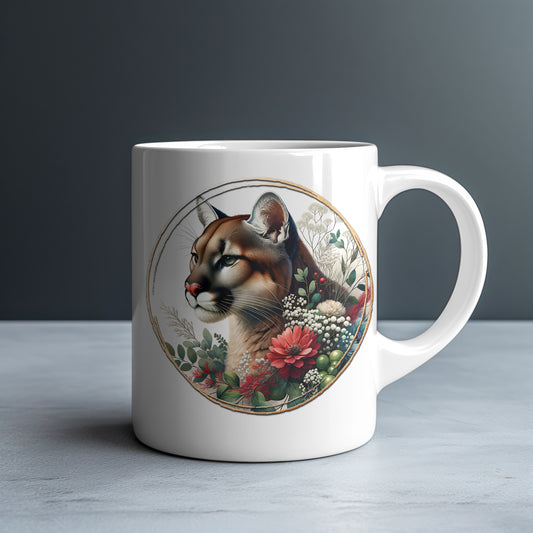 Personalized Cougar with Red Poppies Mug — Custom Name Gift