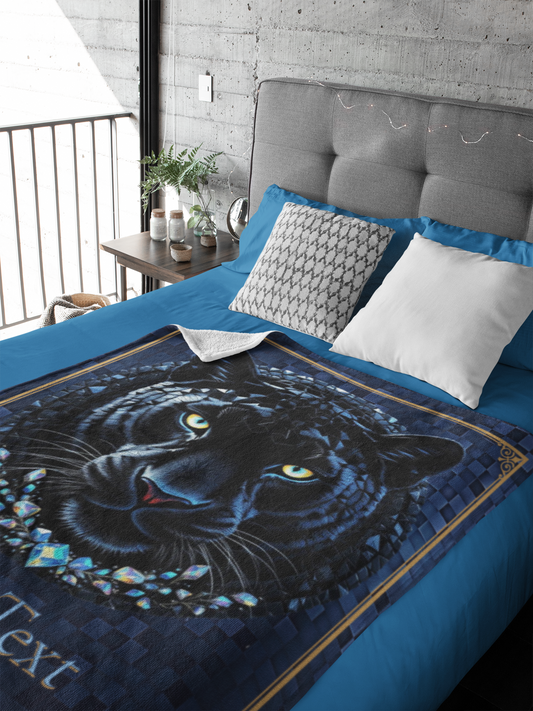Personalized Crystal Mosaic Black Panther with Diamond Collar Throw Blanket — Custom Name Gift