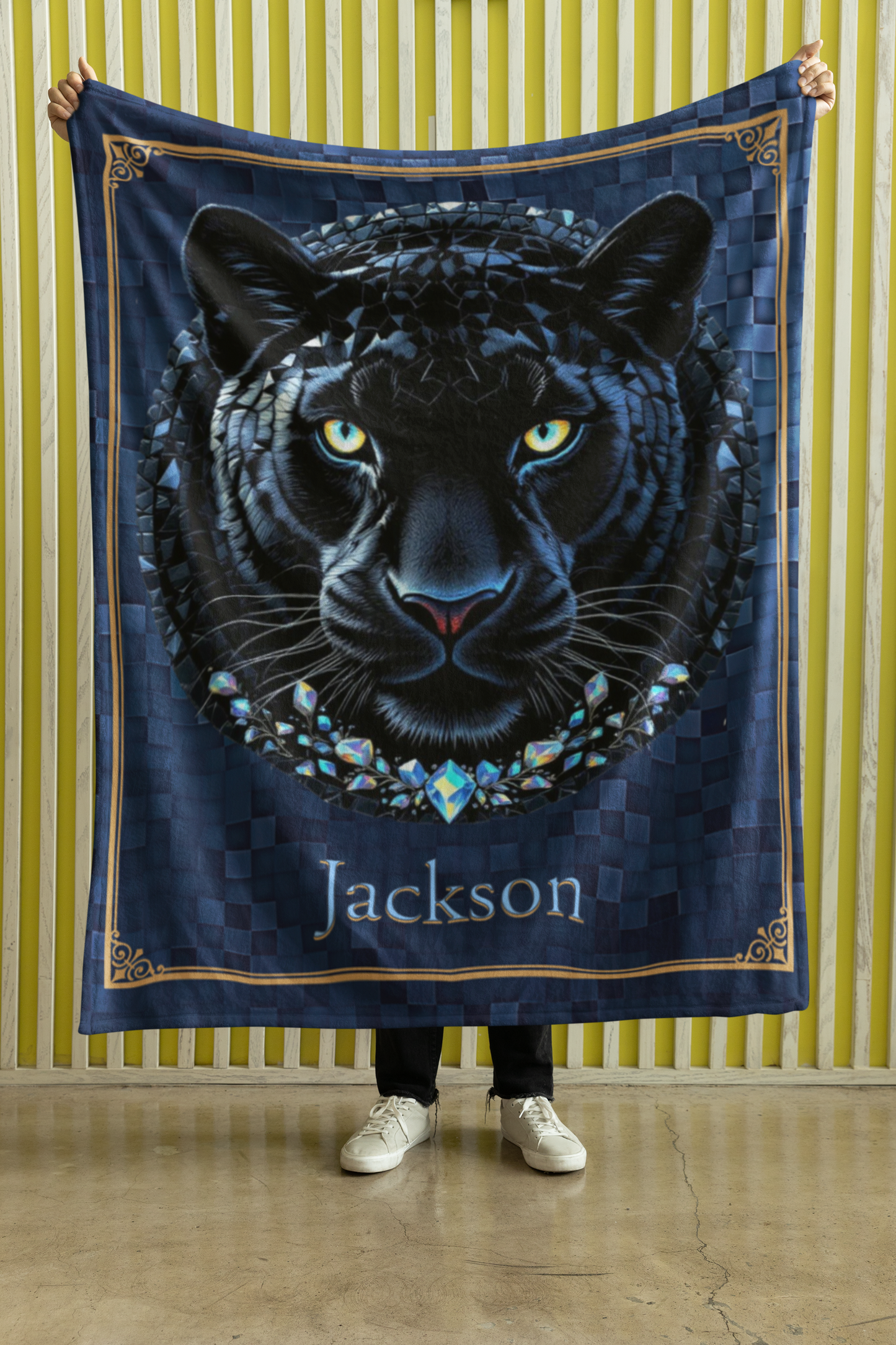 Personalized Crystal Mosaic Black Panther with Diamond Collar Throw Blanket — Custom Name Gift