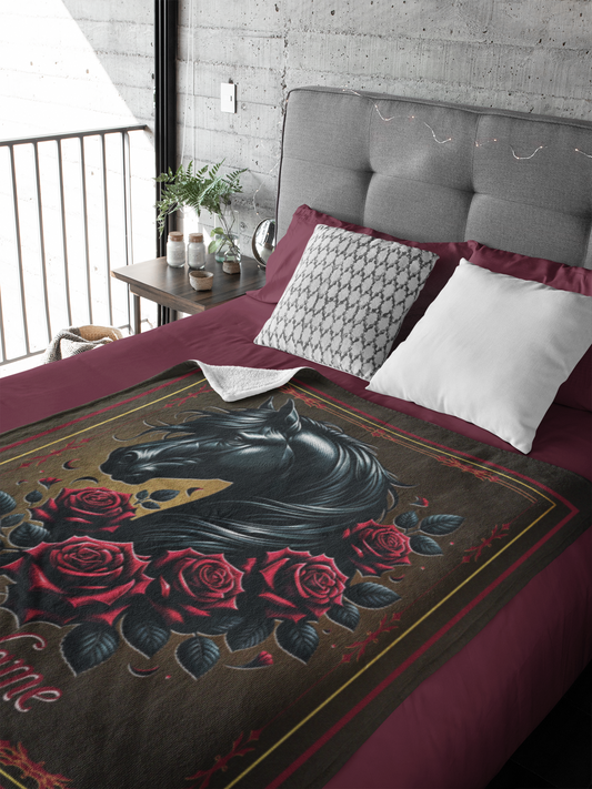 Personalized Black Horse Red Roses Throw Blanket - 50"x60" Custom Name Blanket