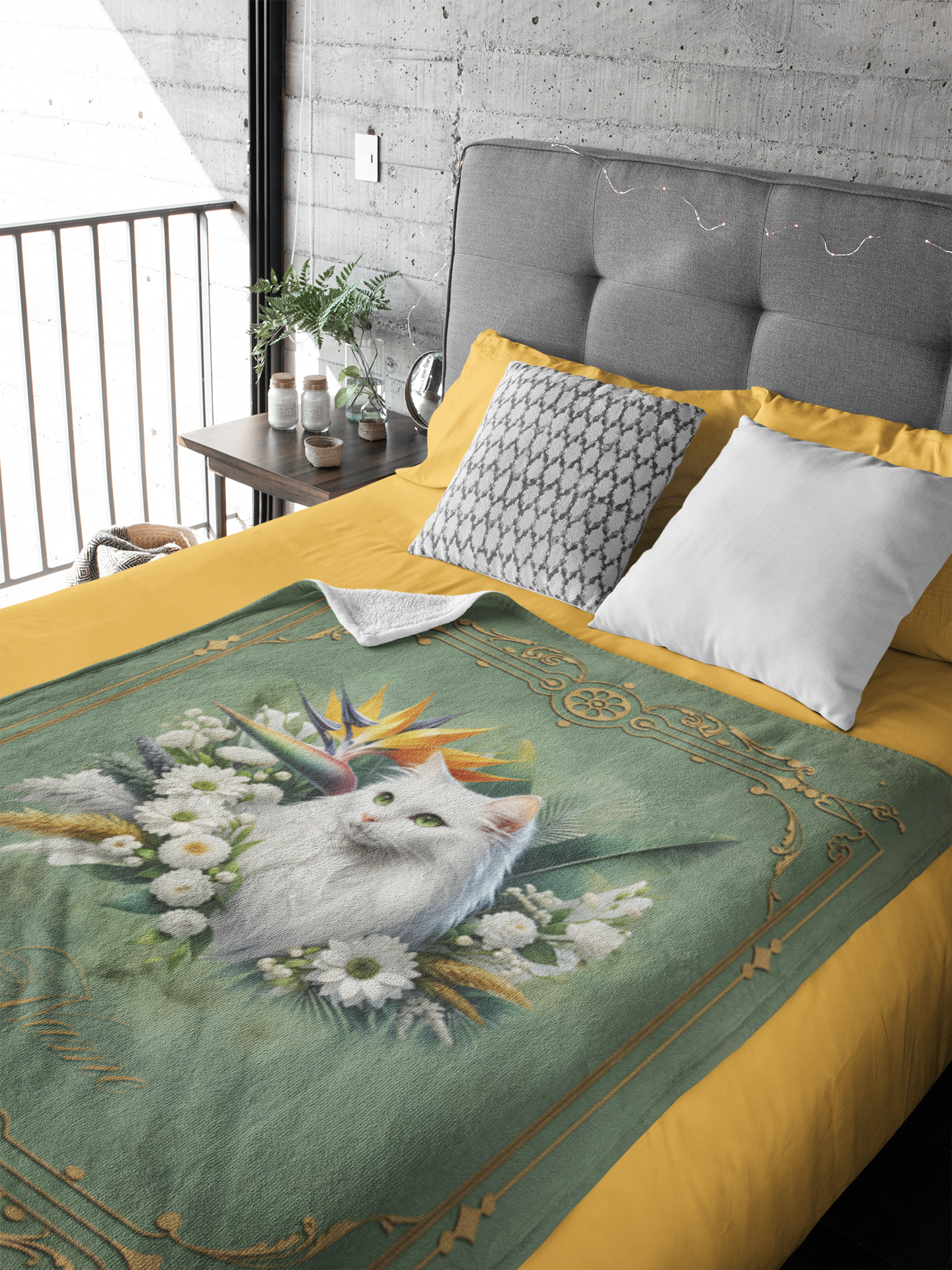 Personalized White Cat with Bird of Paradise and White Daisies Throw Blanket — Custom Name Gift