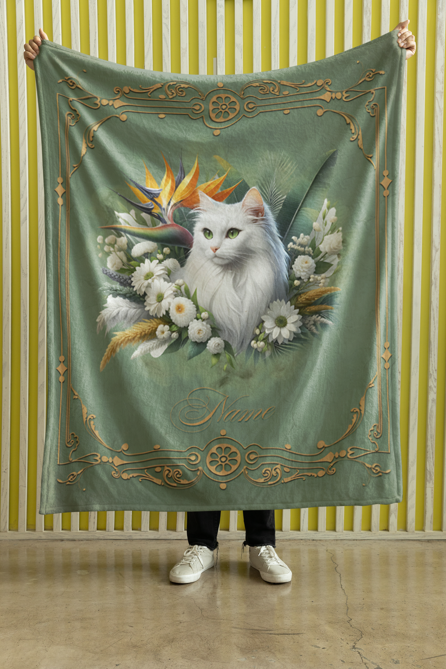 Personalized White Cat with Bird of Paradise and White Daisies Throw Blanket — Custom Name Gift