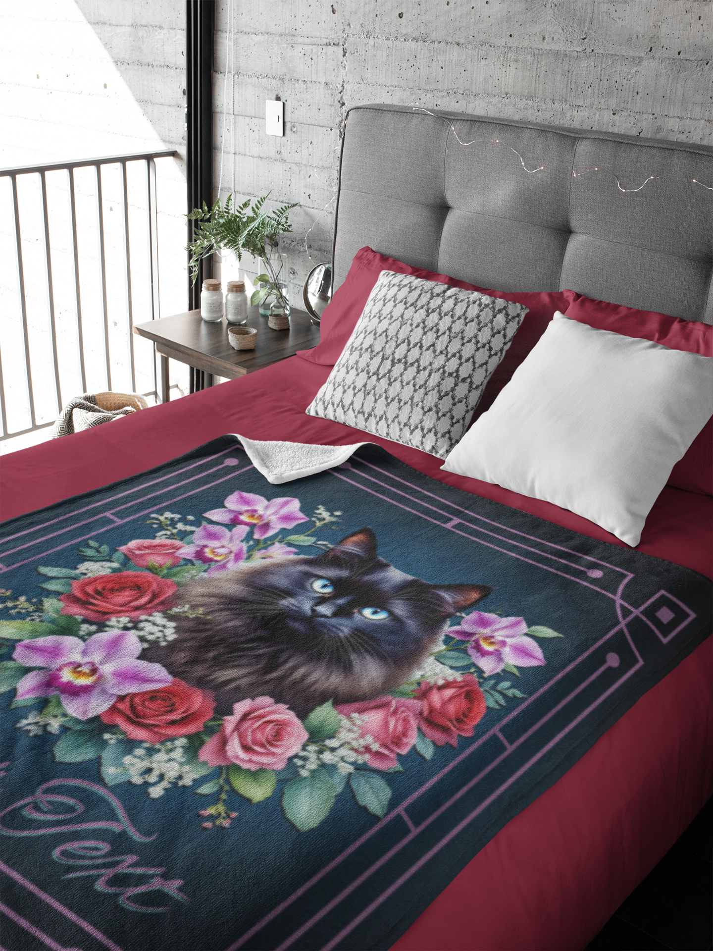 Personalized Fluffy Blue-Eyed Black Cat with Orchids and Roses Throw Blanket — Custom Name Gift