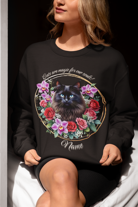 Fluffy Black Cat with Orchids and Roses Personalized Sweatshirt