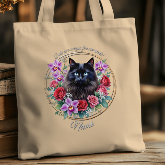 Personalized Fluffy Black Cat with Orchids and Roses Eco Tote Bag