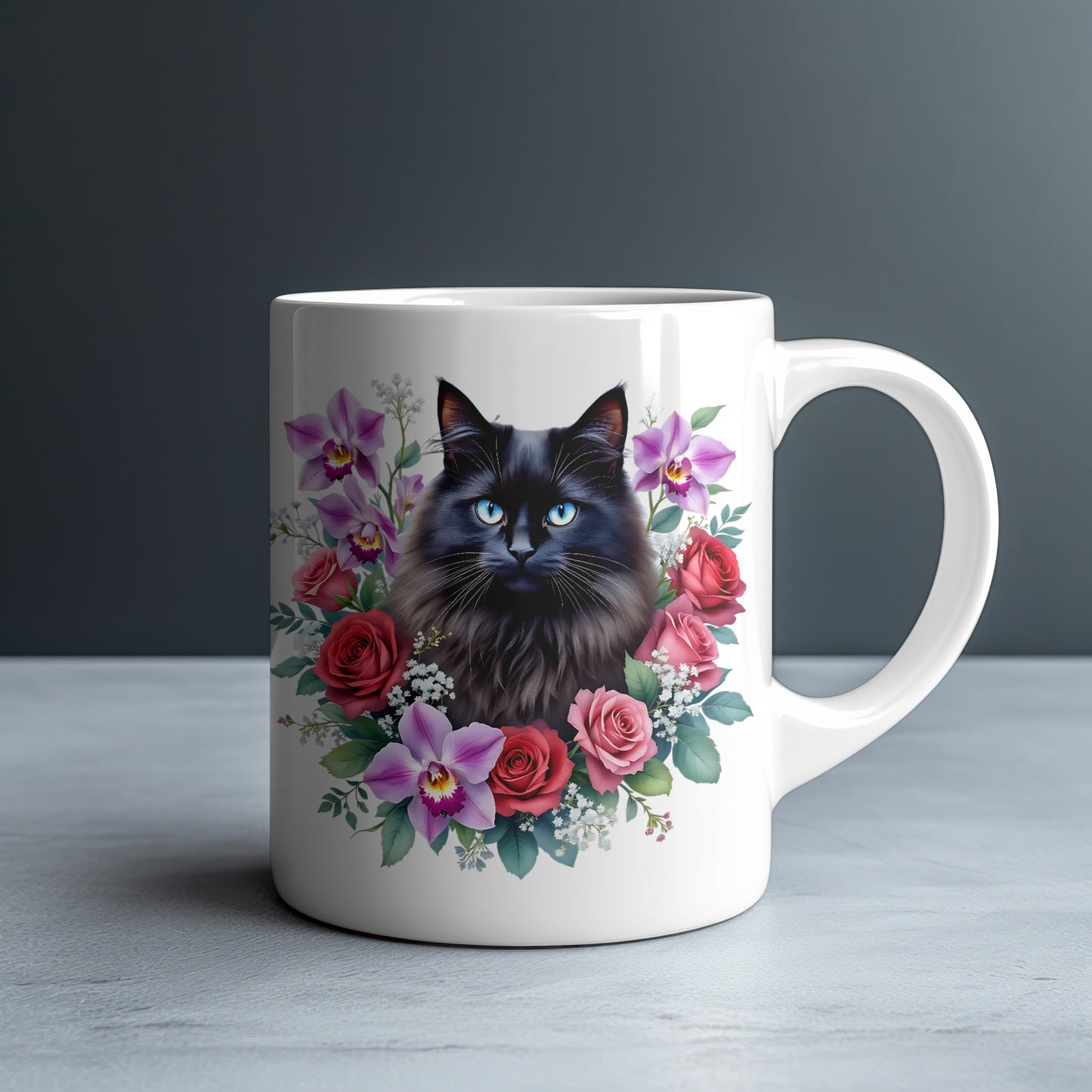 Personalized Blue-Eyed Black Cat with Purple Orchids and Roses Mug — Custom Name Gift