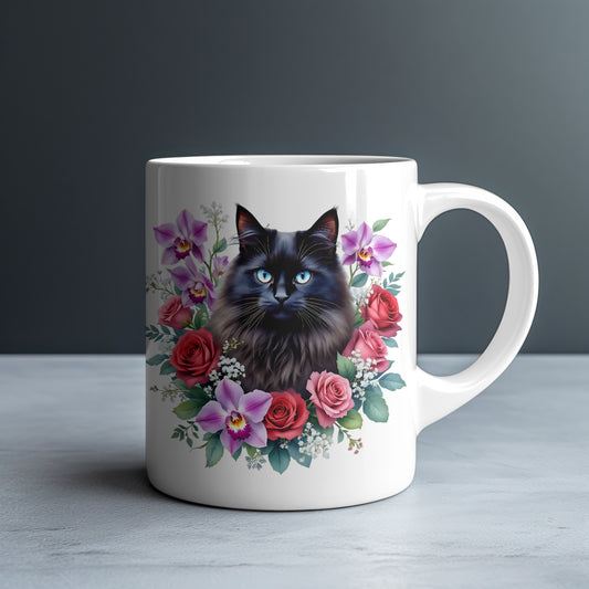 Personalized Blue-Eyed Black Cat with Purple Orchids and Roses Mug — Custom Name Gift