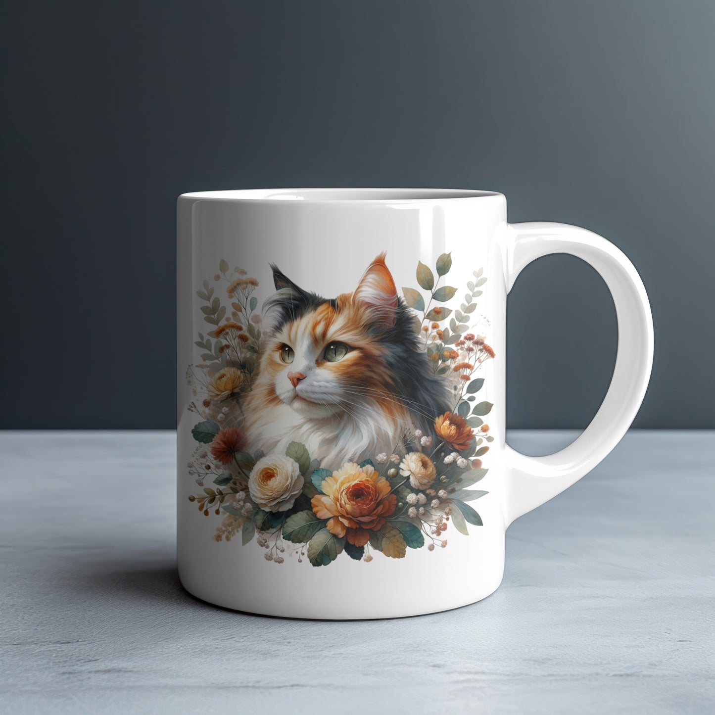 Personalized Fluffy Calico Cat with Peach and Orange Peonies Mug — Custom Name Gift