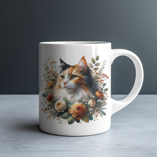 Personalized Fluffy Calico Cat with Peach and Orange Peonies Mug — Custom Name Gift