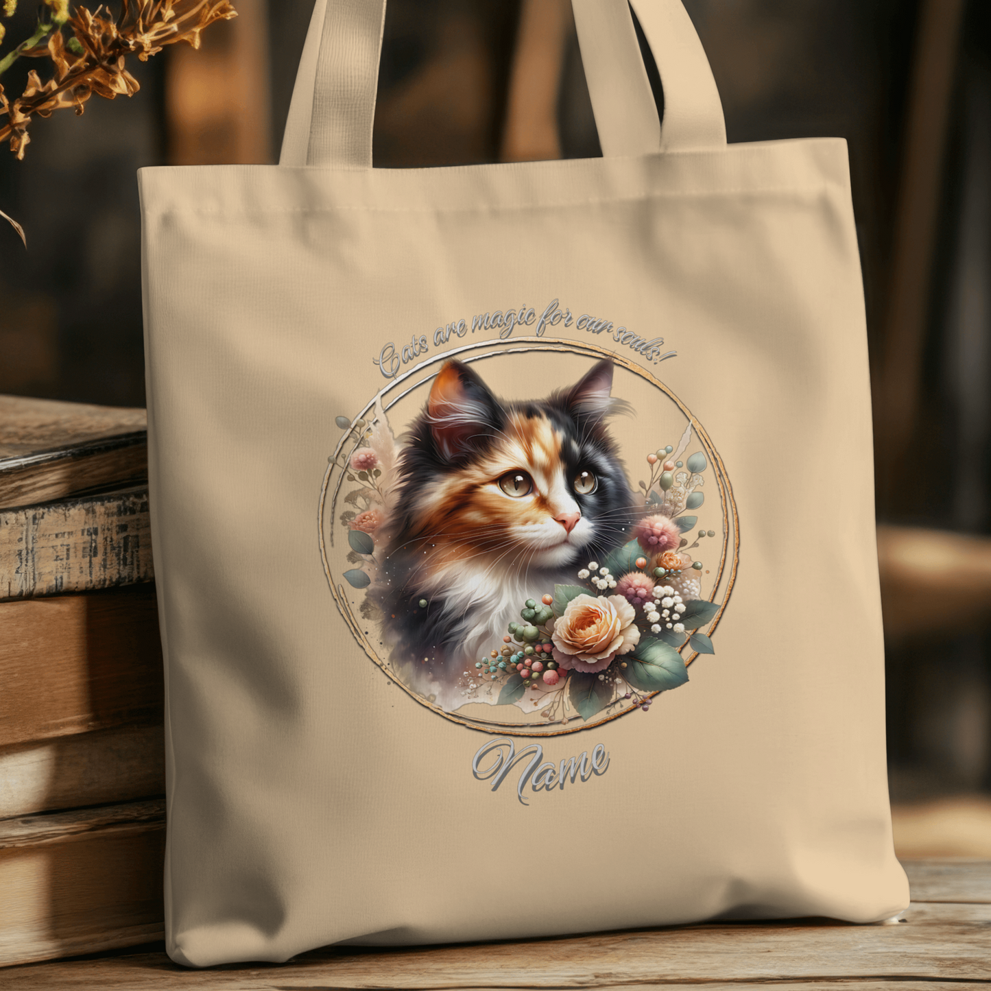 Personalized Fluffy Calico Cat with Peach Rose Eco Tote Bag