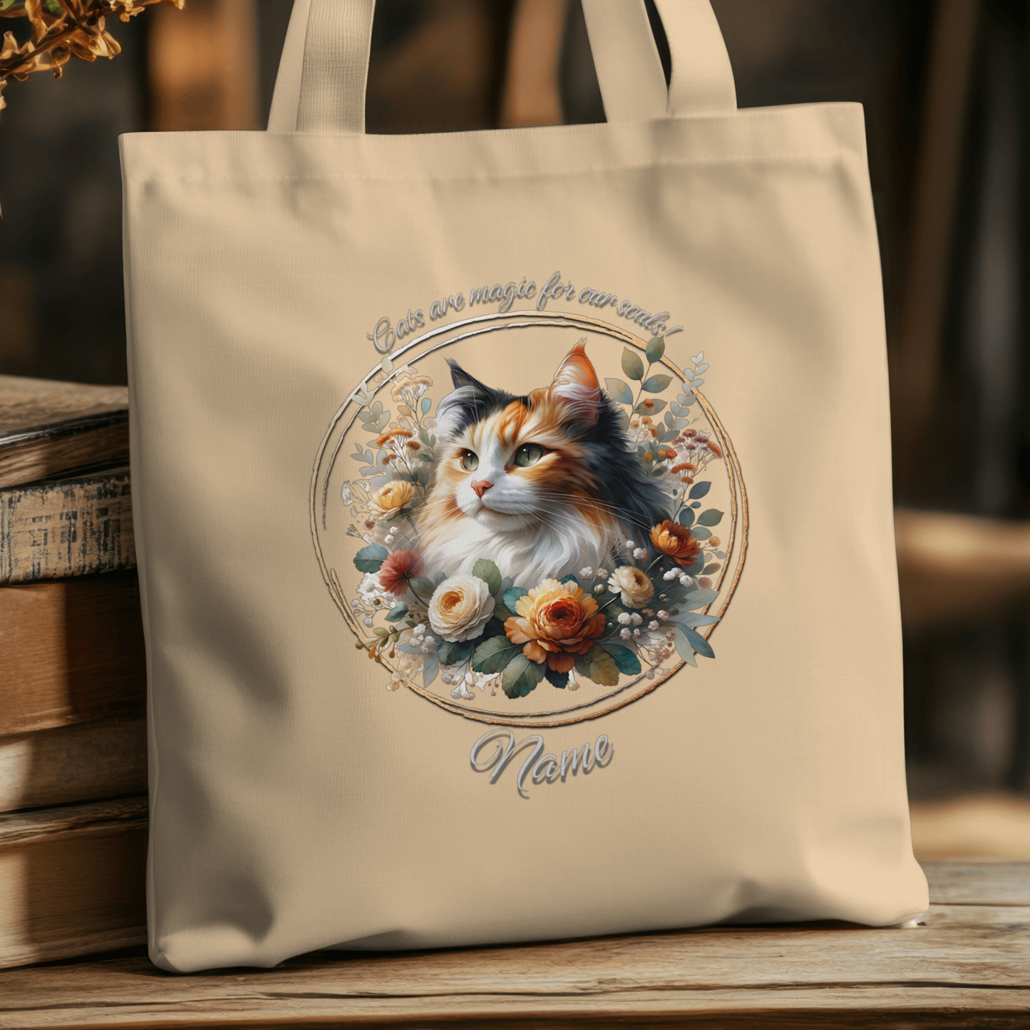 Personalized Fluffy Calico Cat with Ranunculus Eco Tote Bag