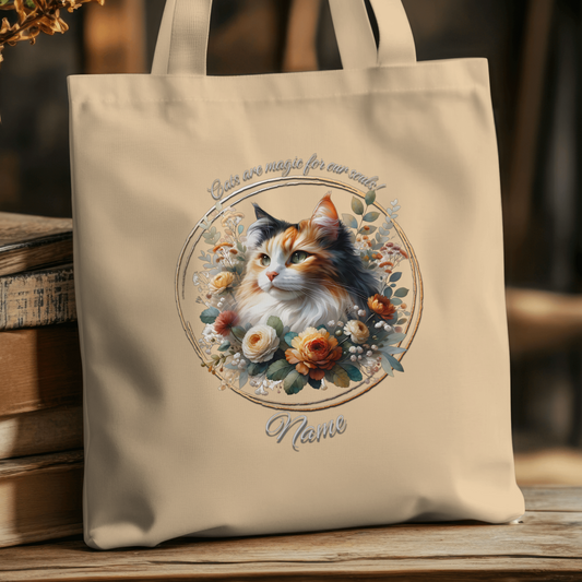Personalized Fluffy Calico Cat with Ranunculus Eco Tote Bag