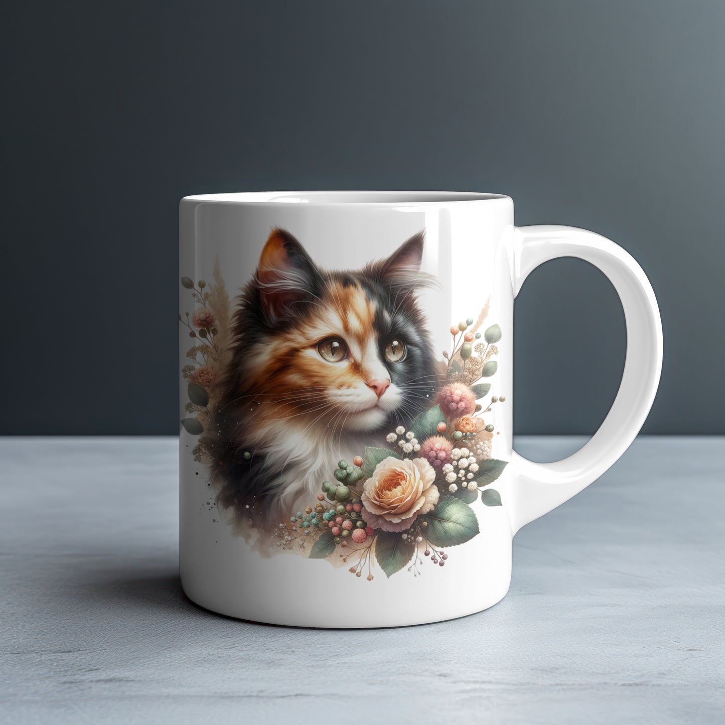 Personalized Fluffy Calico Cat with Peach Rose Bouquet Mug — Custom Name Gift