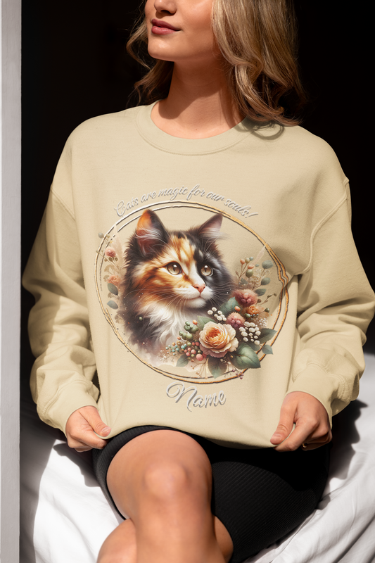 Fluffy Calico Cat with Peach Rose Personalized Sweatshirt