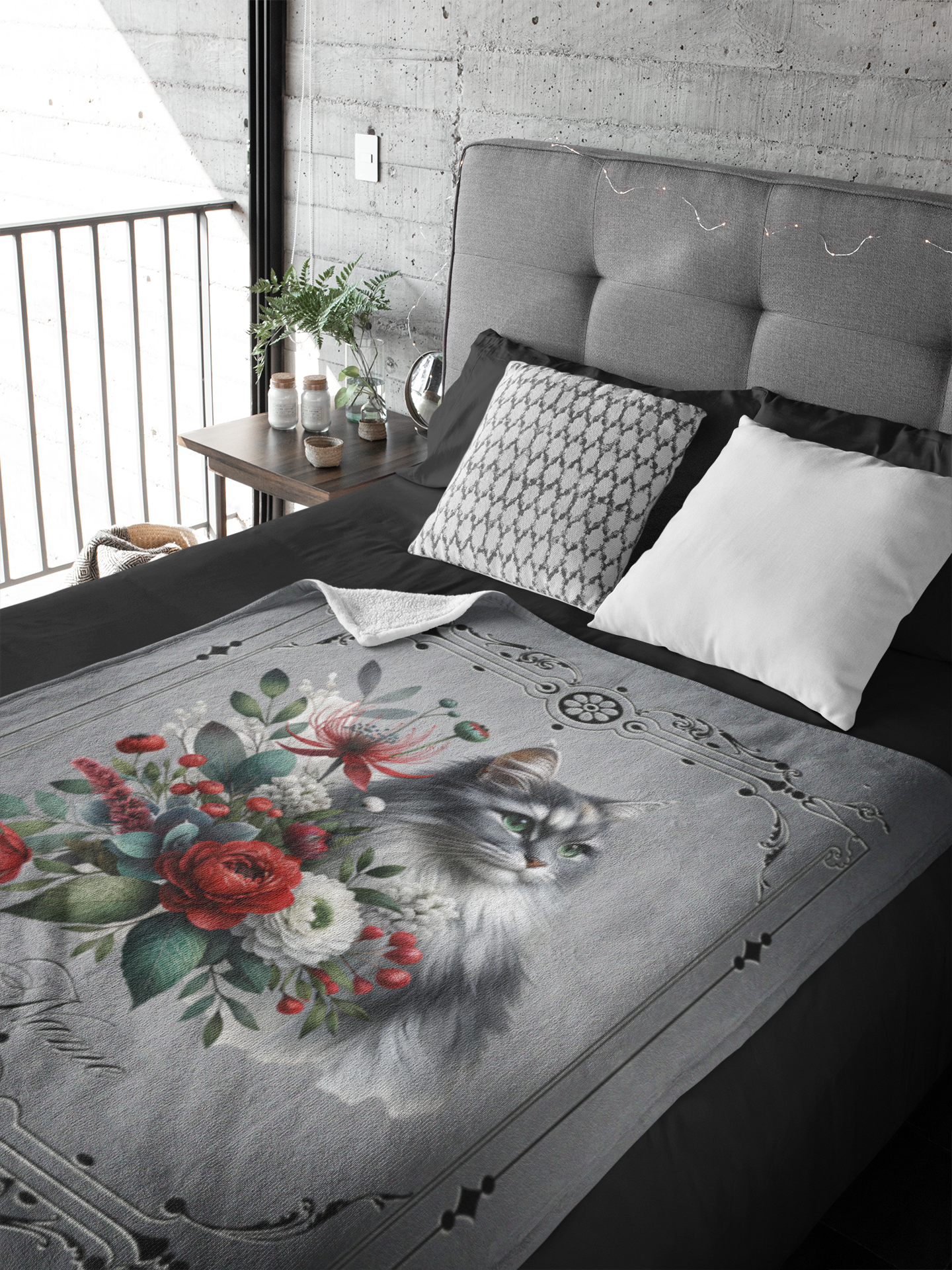 Personalized Fluffy Grey Cat with Red Roses and White Peonies Throw Blanket — Custom Name Gift