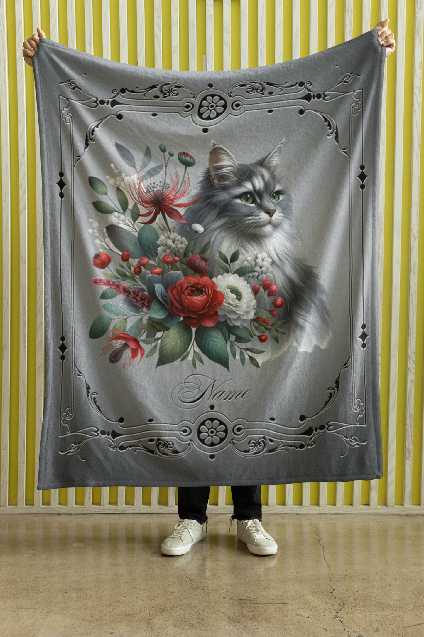 Personalized Fluffy Grey Cat with Red Roses and White Peonies Throw Blanket — Custom Name Gift
