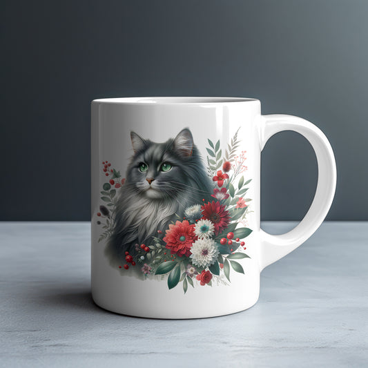 Personalized Fluffy Grey Cat with Red Dahlias and White Blooms Mug — Custom Name Gift