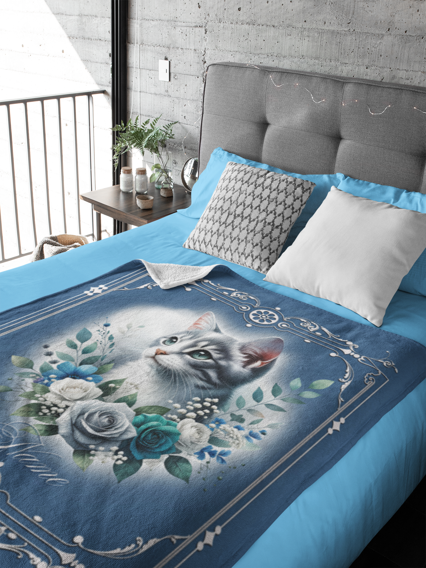 Personalized Grey & White Tabby Kitten with Blue and White Roses Throw Blanket — Custom Name Gift