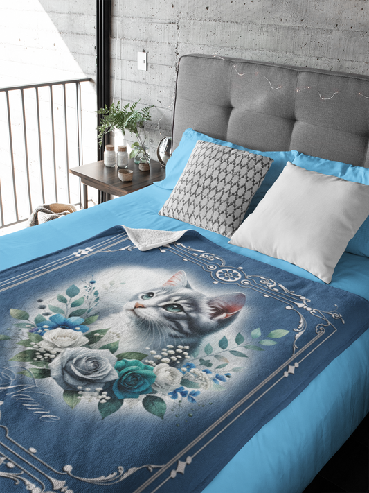 Personalized Grey & White Tabby Kitten with Blue and White Roses Throw Blanket — Custom Name Gift