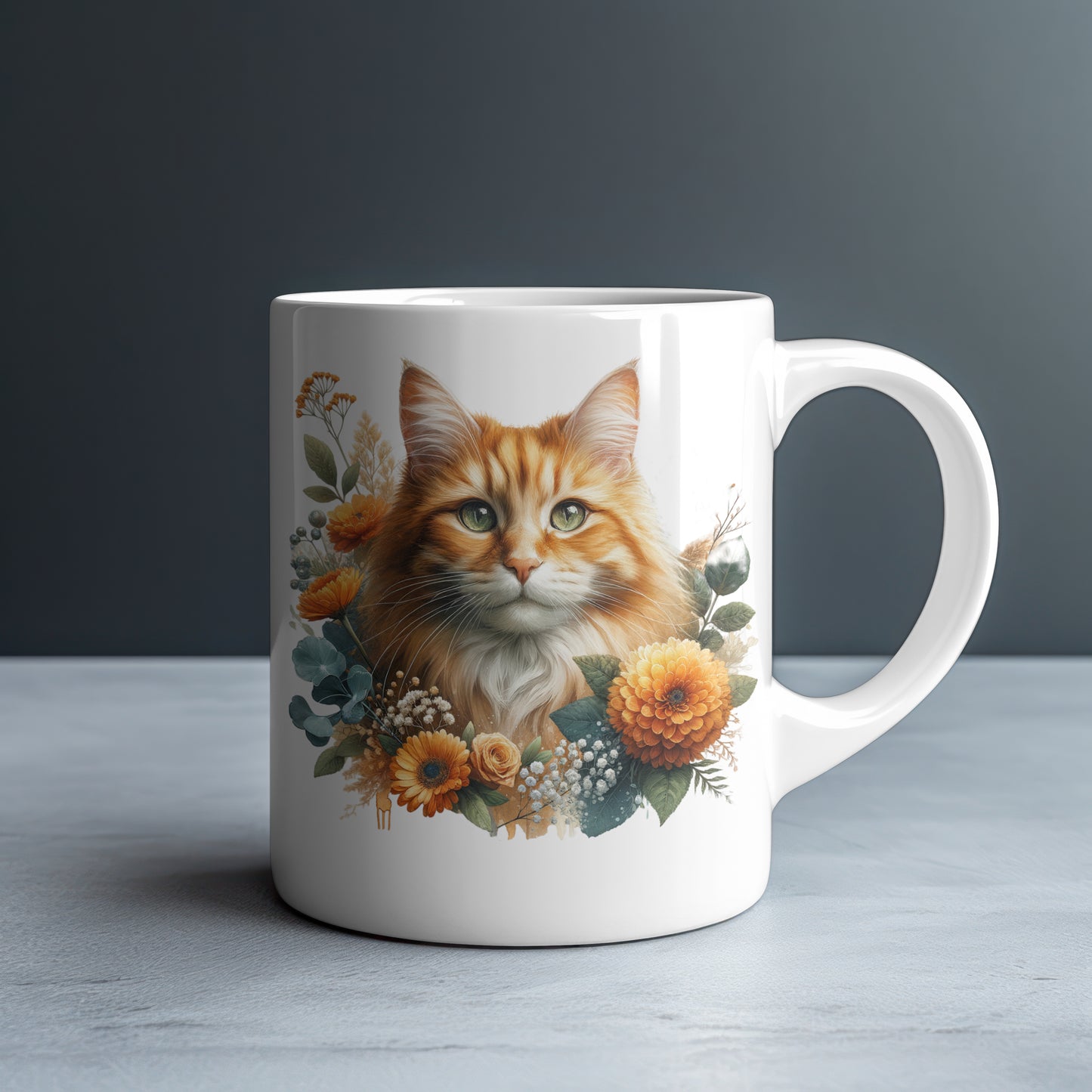 Personalized Fluffy Ginger Cat with Orange Marigolds and Daisies Mug — Custom Name Gift