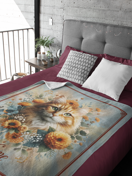 Personalized Fluffy Ginger Cat with Golden Marigolds Throw Blanket — Custom Name Gift