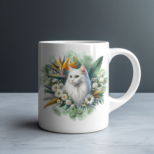 Personalized White Cat with Bird of Paradise and White Daisies Mug — Custom Name Gift