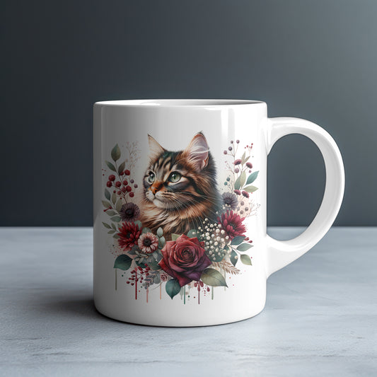 Personalized Fluffy Brown Tabby Cat with Burgundy Roses and Dahlias Mug — Custom Name Gift