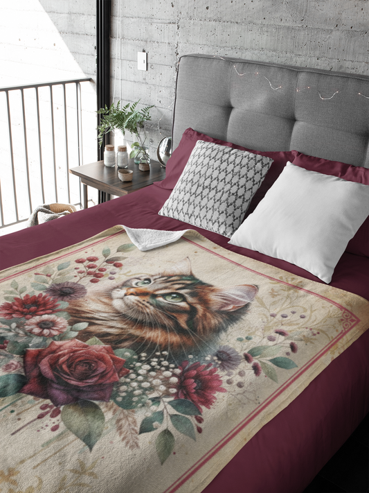 Personalized Fluffy Tabby Cat with Burgundy Rose and Dahlias Throw Blanket — Custom Name Gift