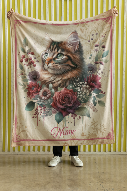 Personalized Fluffy Tabby Cat with Burgundy Rose and Dahlias Throw Blanket — Custom Name Gift
