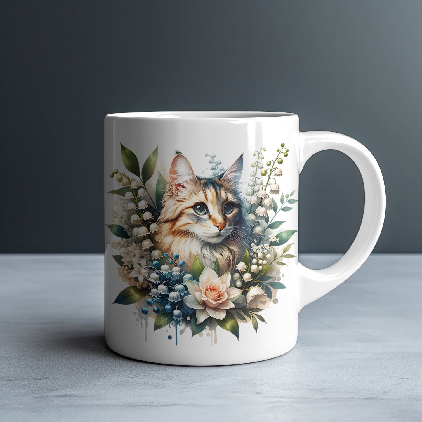 Personalized Fluffy Tabby Cat with Lily of the Valley and Peach Rose Mug — Custom Name Gift