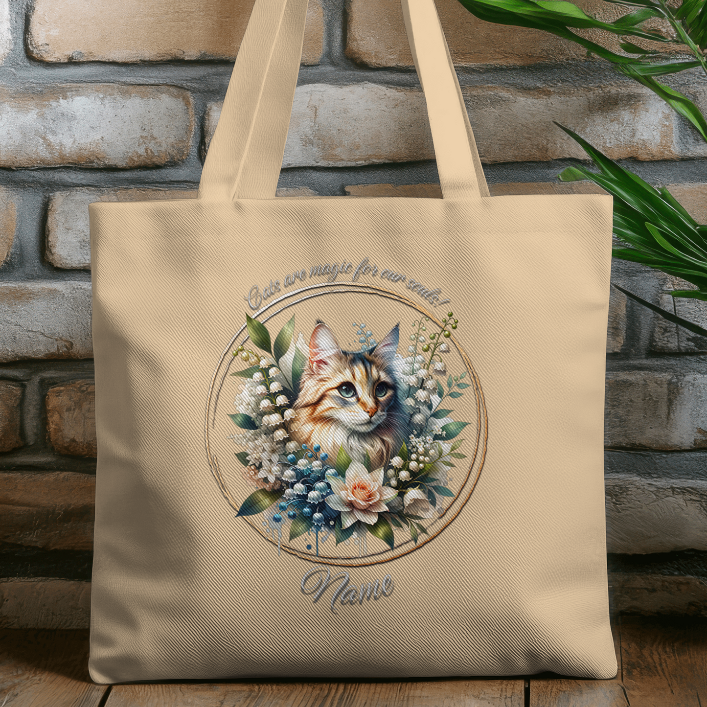 Personalized Fluffy Tabby Cat with Peach Rose Eco Tote Bag