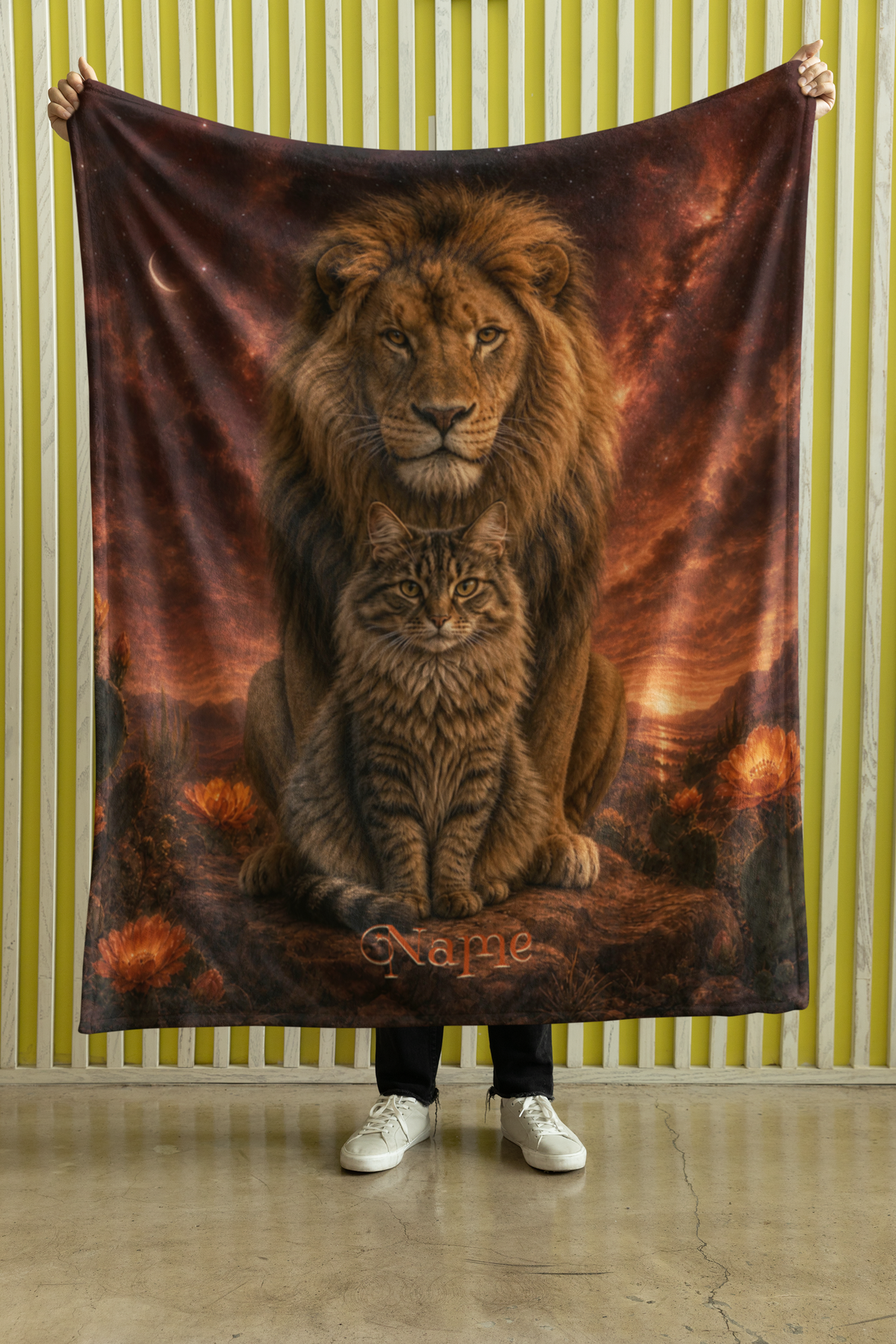 Personalized Fluffy Brown Tabby with Guardian Lion Throw Blanket