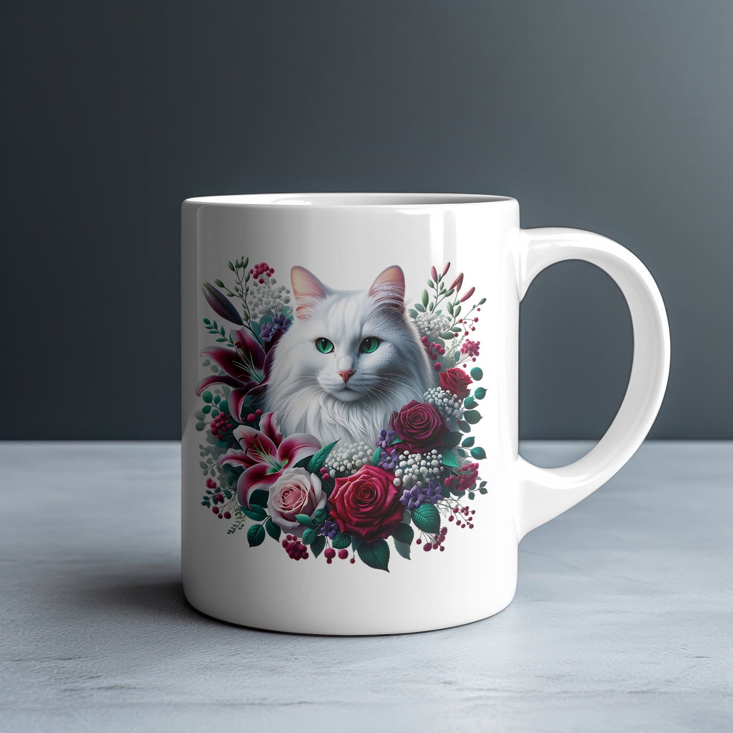 Personalized Fluffy White Cat with Stargazer Lilies and Crimson Roses Mug — Custom Name Gift