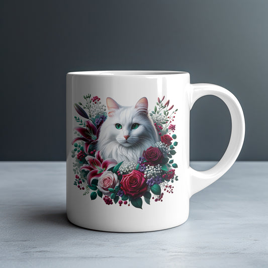 Personalized Fluffy White Cat with Stargazer Lilies and Crimson Roses Mug — Custom Name Gift