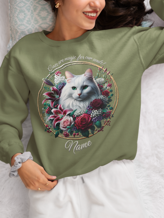 Fluffy White Cat with Green Eyes Personalized Sweatshirt
