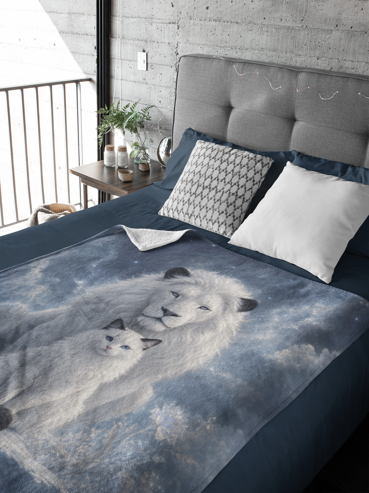 Personalized Fluffy White Cat with Guardian White Lion Throw Blanket