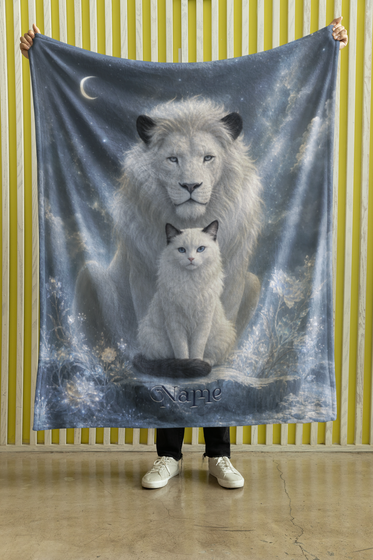 Personalized Fluffy White Cat with Guardian White Lion Throw Blanket