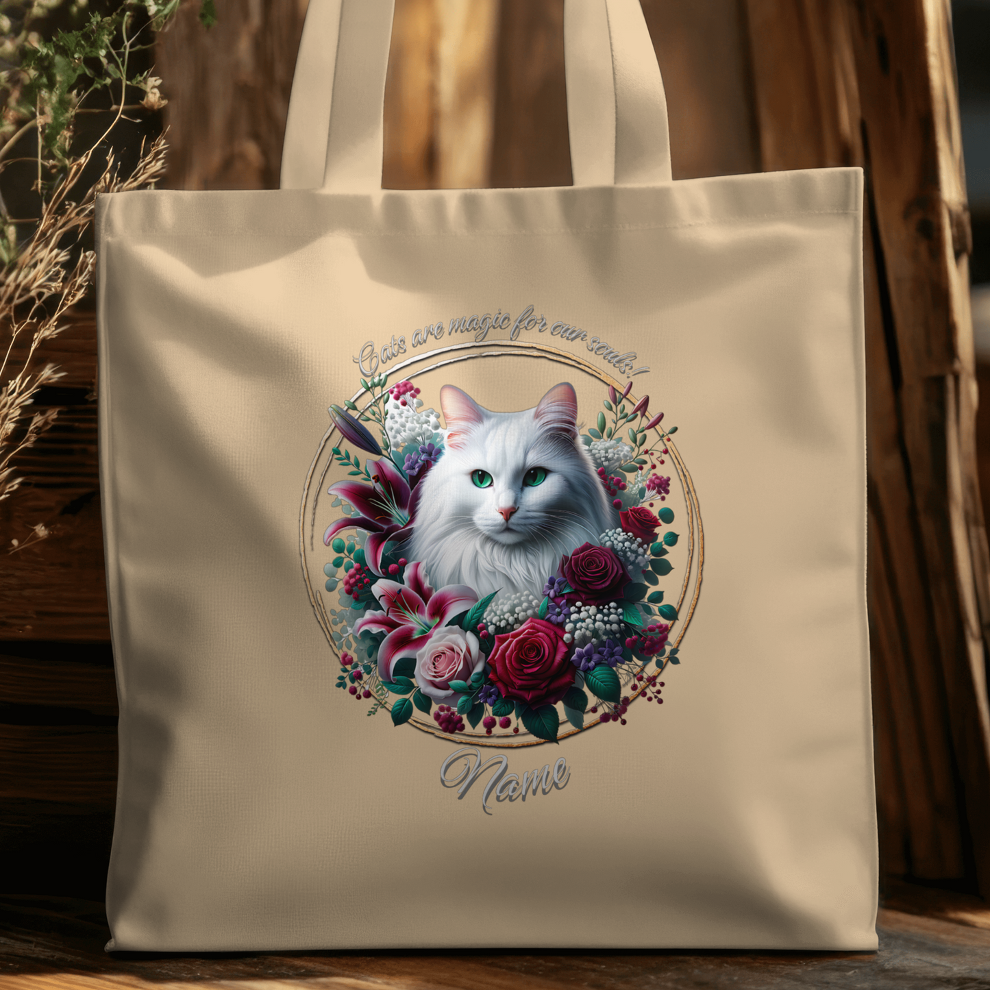 Personalized Fluffy White Cat with Green Eyes Eco Tote Bag