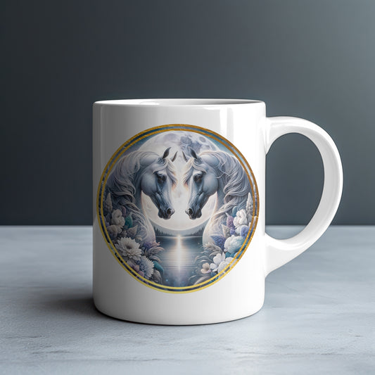 White Horses Full Moon Personalized White Glossy Mug