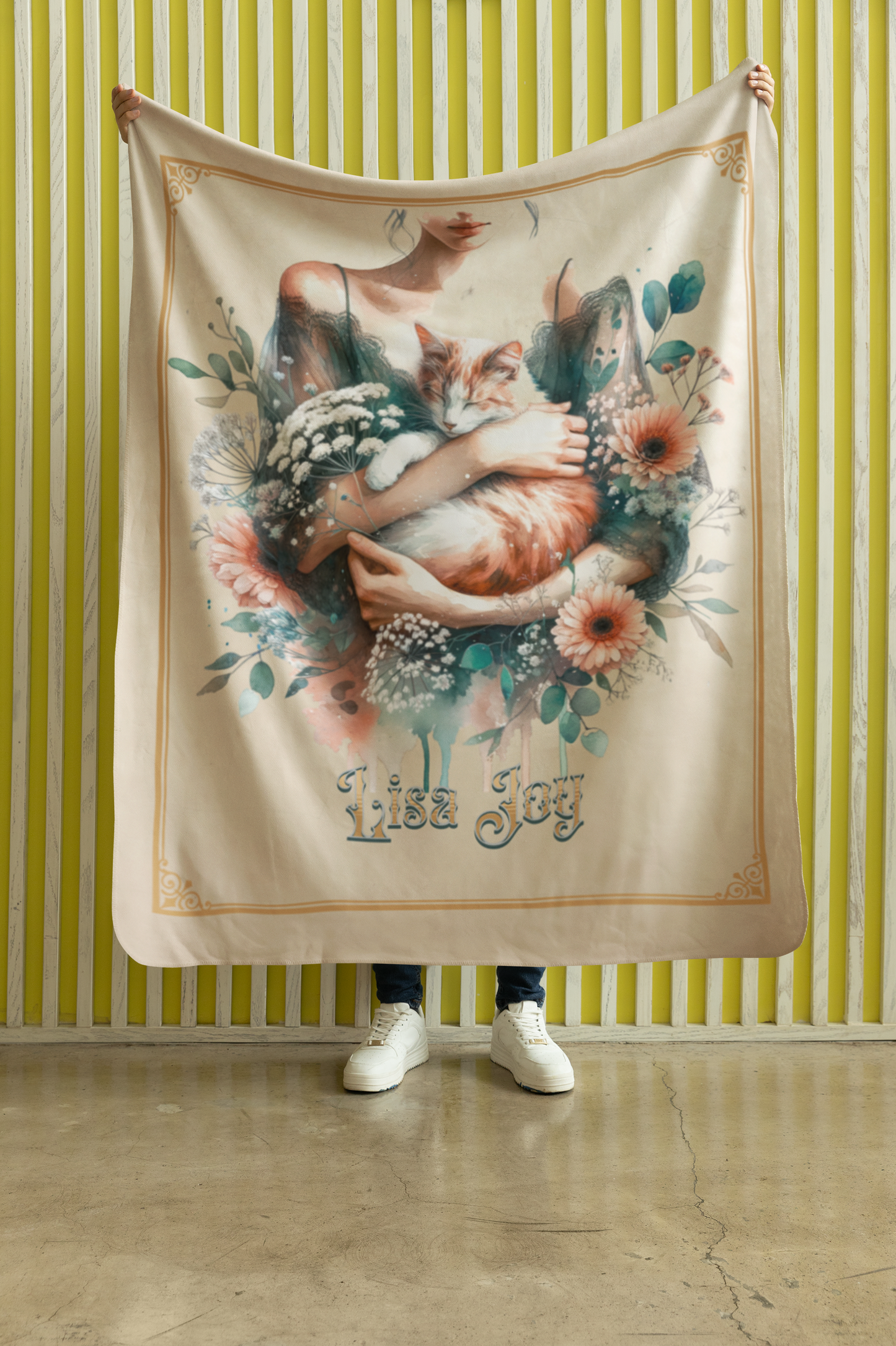 Personalized Ginger Cat Held in Loving Hands with Pink Daisies Throw Blanket — Custom Name Gift