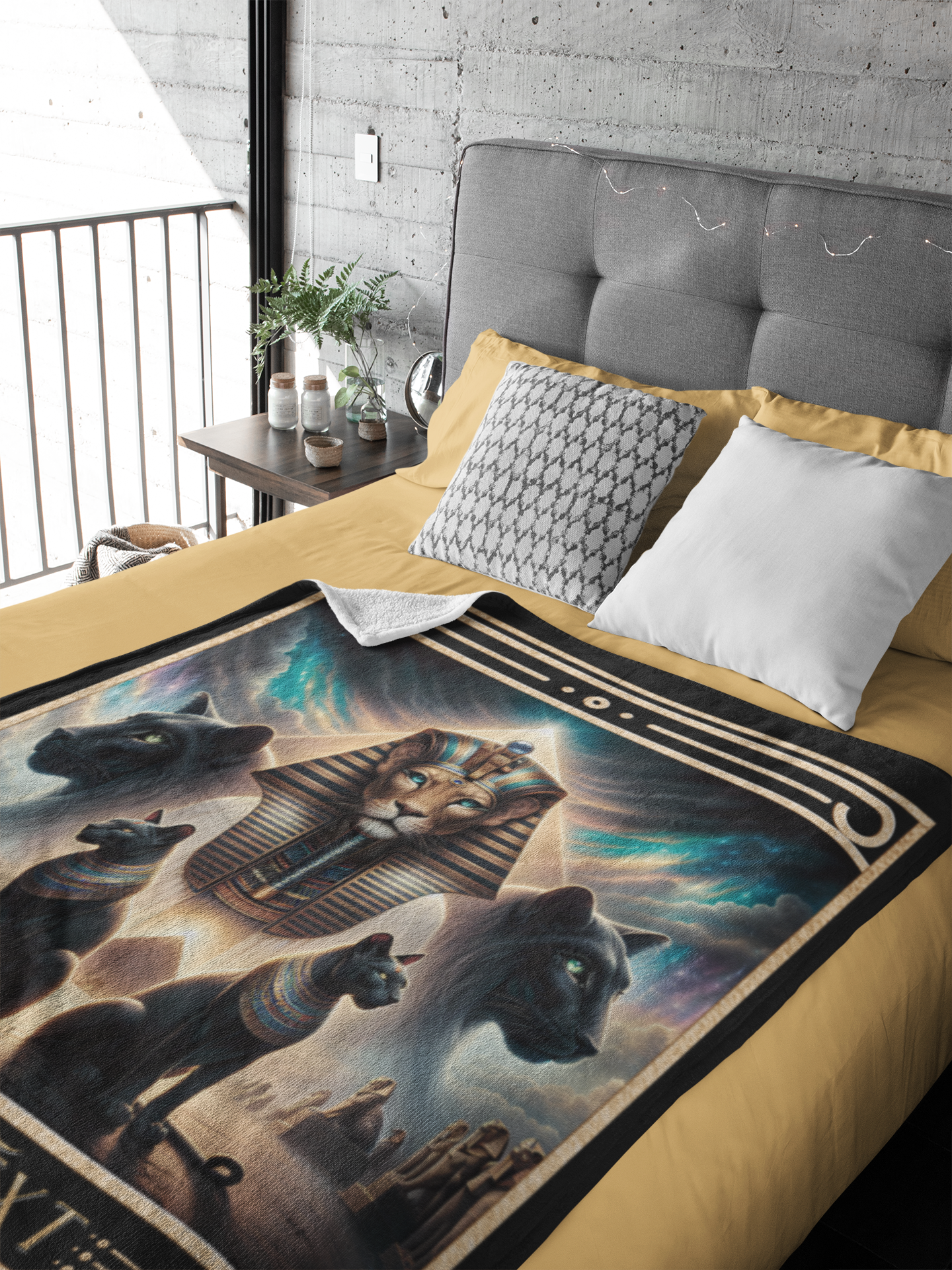 Personalized Egyptian Goddess Sekhmet with Black Cats and Pyramid Throw Blanket — Custom Name Gift