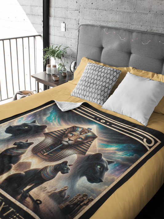 Personalized Egyptian Goddess Sekhmet with Black Cats and Pyramid Throw Blanket — Custom Name Gift